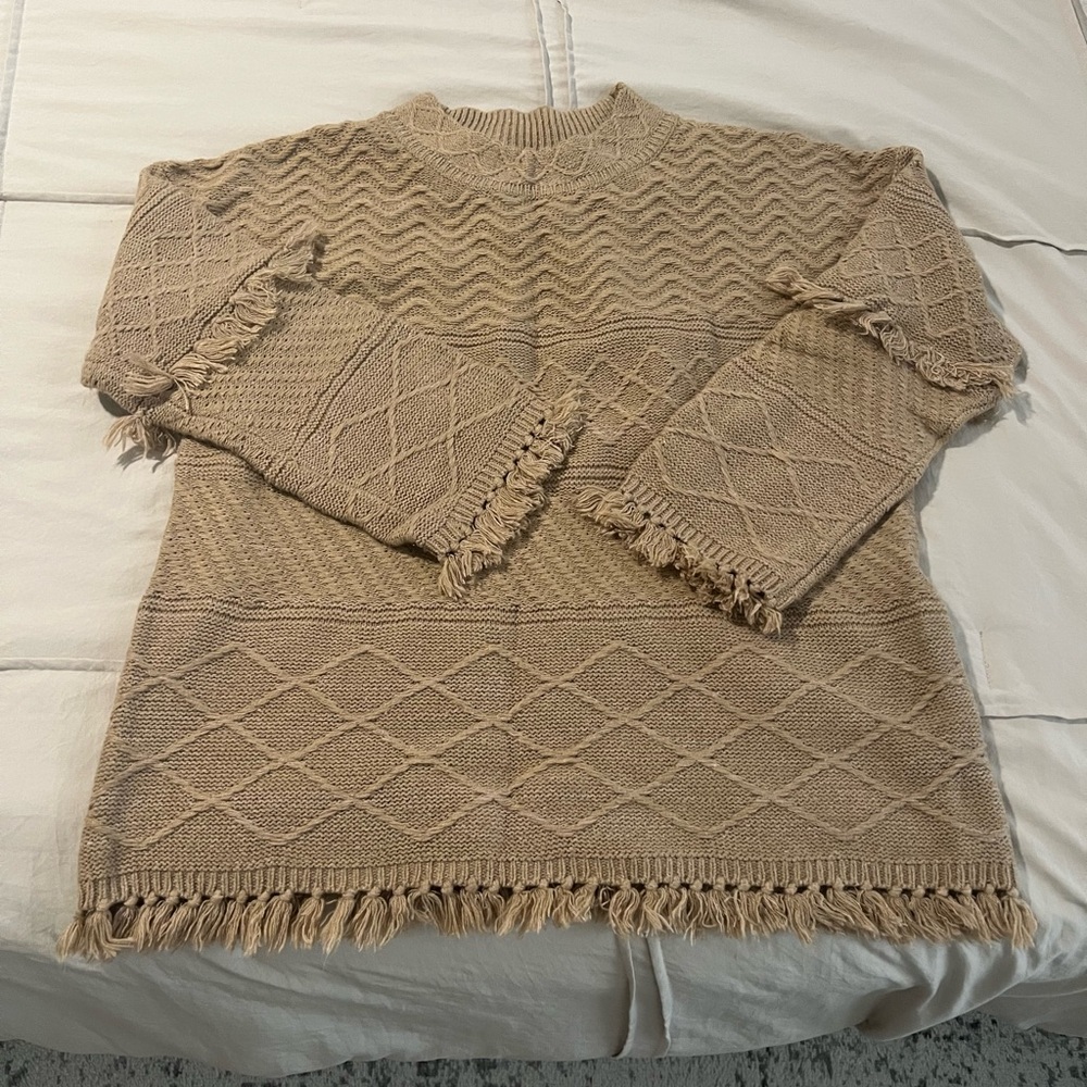 Cozy Casual Tan Knit Sweater with Fringe